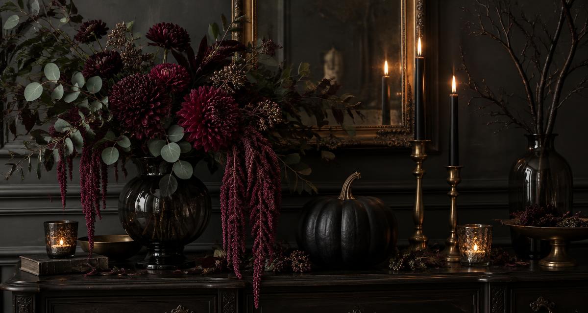 Gotycka dekoracja Halloween: amarantus eggplant, burgundowe chryzantemy, eukaliptus, czarna dynia i złote świeczniki