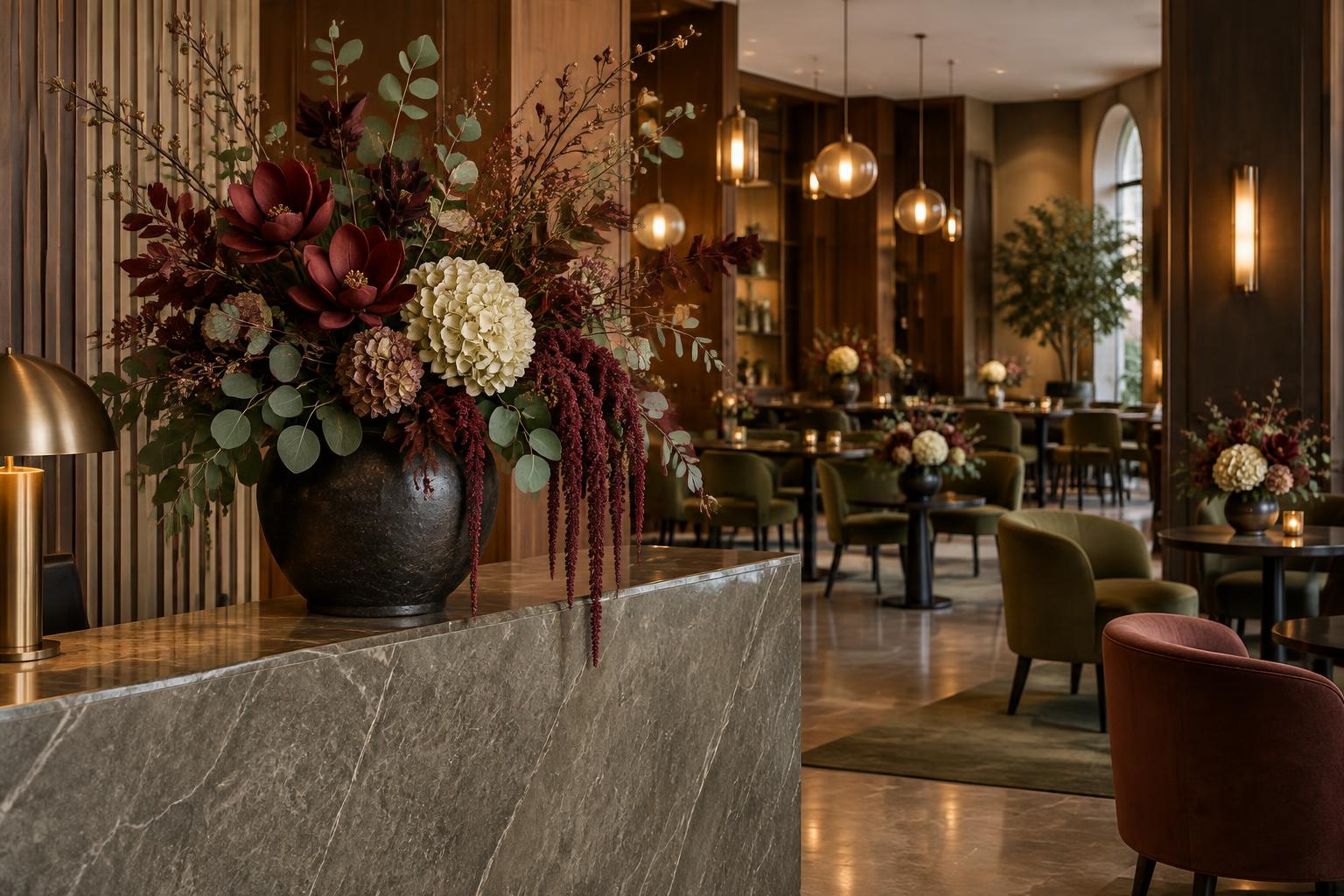 Burgundowe magnolie, amarantus i zieleń w jesiennej aranżacji recepcji oraz mniejszych kompozycjach restauracyjnych