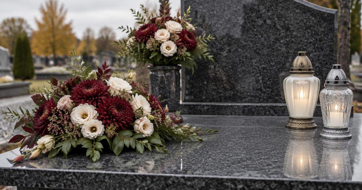 Burgundowo-kremowy stroik, bukiet i dwa znicze rozmieszczone z wolną przestrzenią na nagrobku