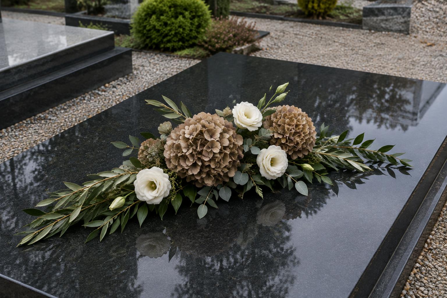 Sepia & Ivory — poglądowa aranżacja na nagrobku: czarny granit